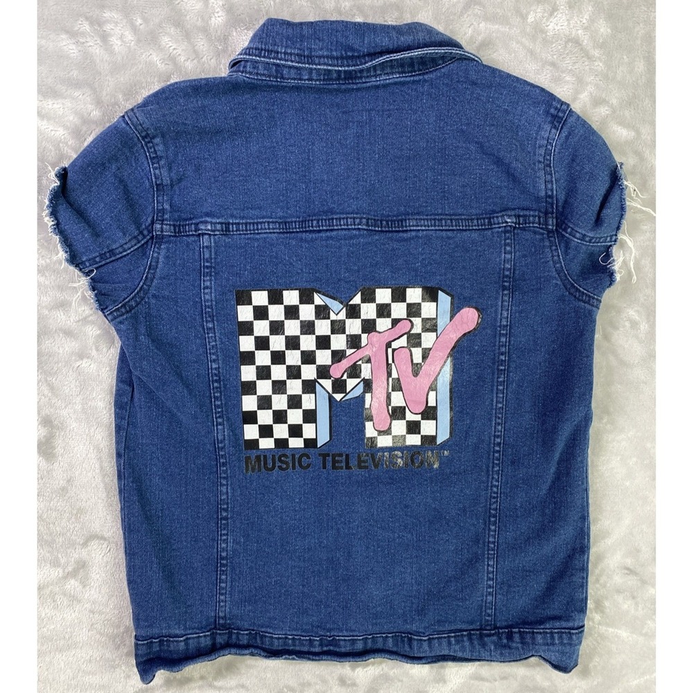 MTV Denim Vest Kids XL  Blue Retro 90s Checkerboard Graphic Frayed Sleeveless